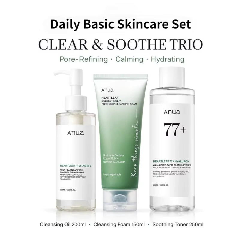 Coffret de produits coréens : Mousse nettoyante Heartleaf, Lotion tonique apaisante Acne 77 et Huile nettoyante visage hydratante et sébo-régulatrice