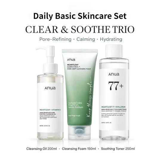 Coffret de produits coréens : Mousse nettoyante Heartleaf, Lotion tonique apaisante Acne 77 et Huile nettoyante visage hydratante et sébo-régulatrice